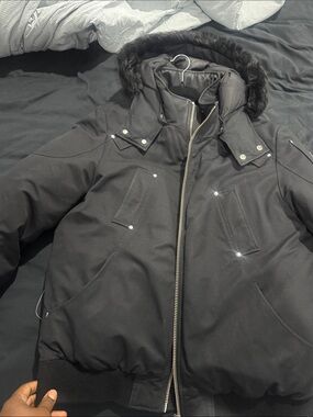 Moose Knuckles Men's Black Hooded Puffer with Fur Trim